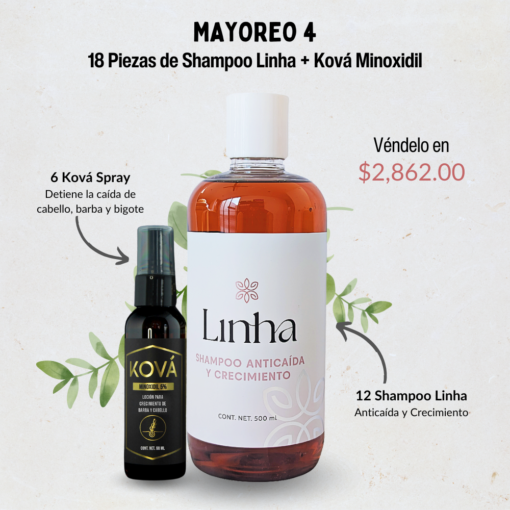 Mayoreo #4: Surtido 18 productos: Shampoo Linha + Ková Minoxidil – La solución definitiva contra la caída del cabello