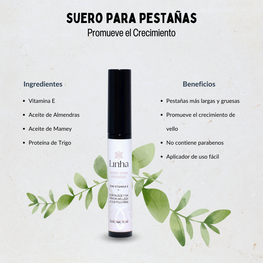 Suero Natural para Pestañas y Cejas con Vitamina E, Aceite de Almendra, Mamey y Proteína de Trigo – Nutrición y Crecimiento